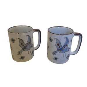Vintage Tonala Ceramic Blue Bird Mugs Set Of 2  Mexican Folk Art Pottery